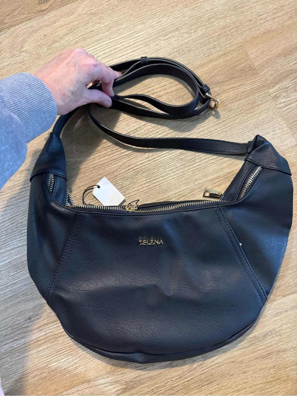Telena Black Leather Crescent Shoulder Bag with Adjustable Strap